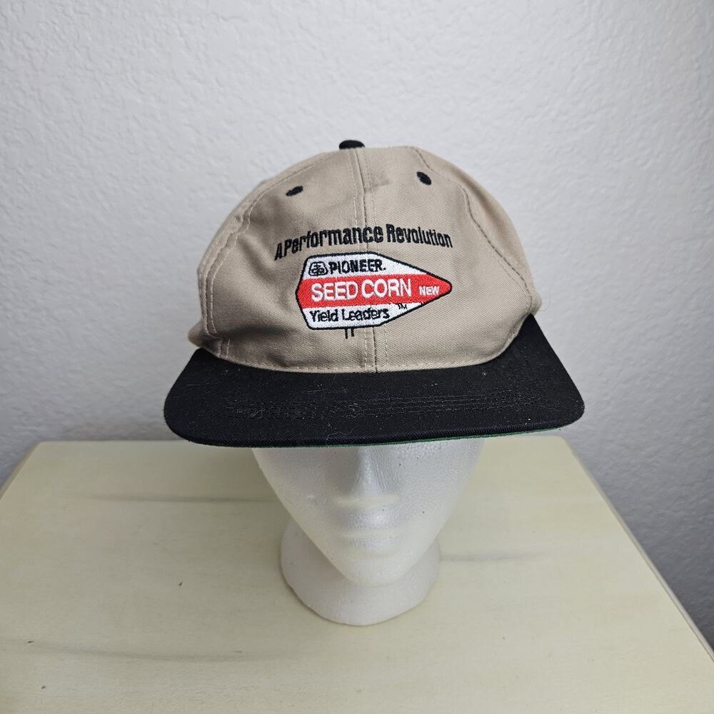 Vtg Pioneer Seed Corn Snapback Hat Trucker Farmer Cap Farming Tan Black Baseball